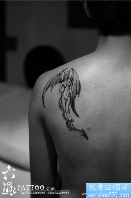 肩背一幅漂亮经典的恶魔美女纹身图片