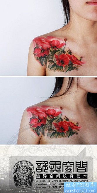 女人肩膀处精美时尚的罂粟花纹身图片