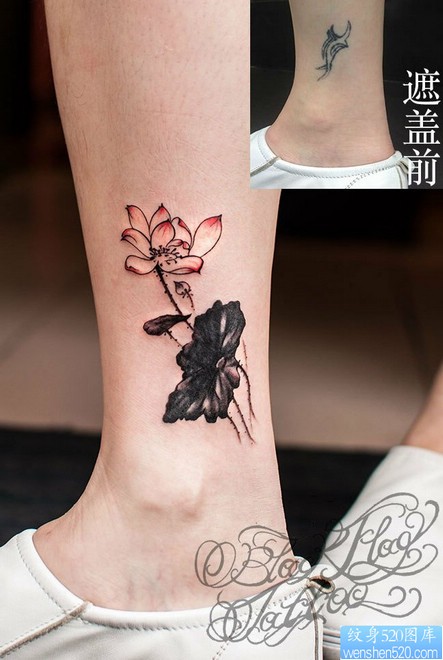 纹身520图库推荐一幅遮盖小腿莲花纹身图片