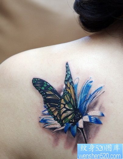 纹身520图库推荐一幅女人肩部蝴蝶花文身图片