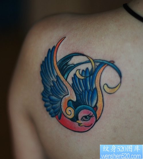 一幅肩部彩色燕子纹身图片由纹身520图库推荐