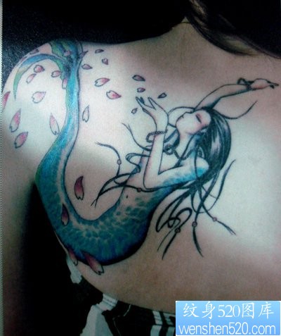 一幅女人肩部彩色美人鱼纹身图片由纹身520图库推荐