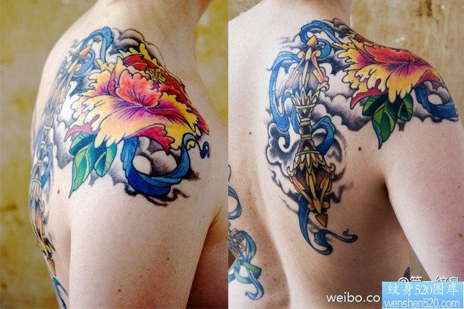 一幅彩色肩背法器牡丹纹身图片由纹身520图库推荐