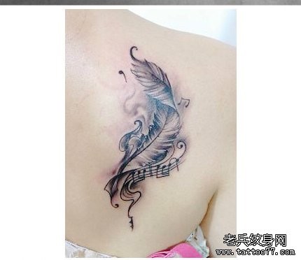 一幅女人肩背羽毛纹身图片由纹身520图库推荐