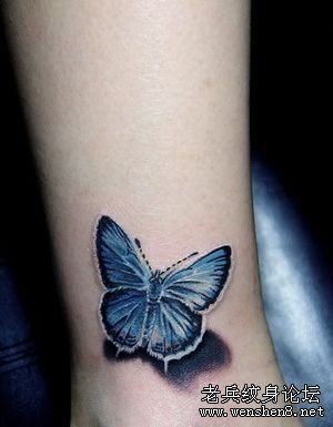 女人纹身图片：美女腿部彩色蝴蝶纹身图片作品