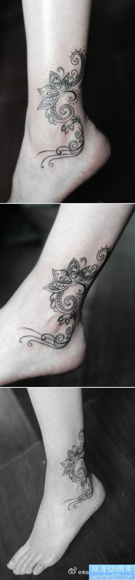 女性脚踝处潮流精美的莲花藤蔓纹身图片