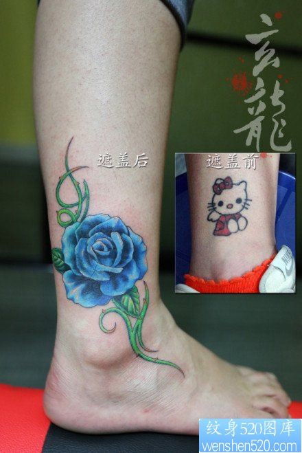女性脚踝处经典唯美的彩色玫瑰花纹身图片