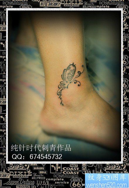 女人脚踝处精美超酷的图腾蝴蝶纹身图片