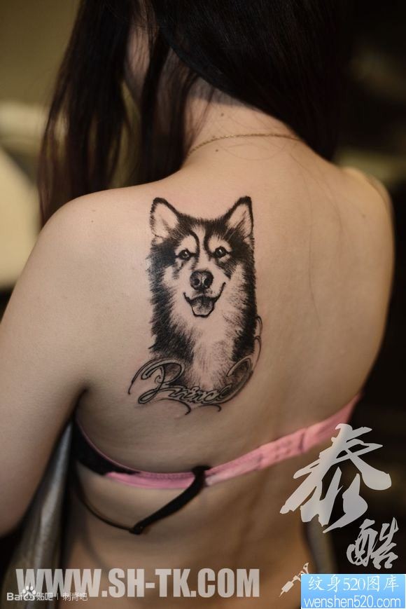 一幅女人背部可爱狗和爱名纹身图片