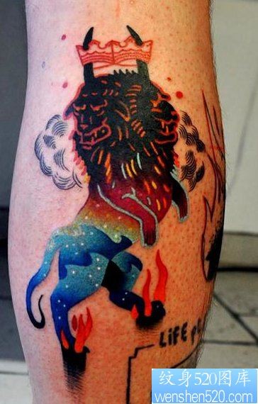 小腿上一幅漂亮星空狮子纹身图片