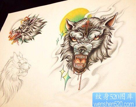 纹身520图库推荐一幅狼头纹身手稿图片