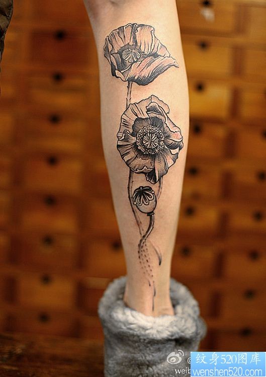 一幅腿部罂粟纹身图片