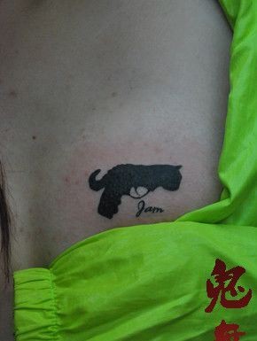 女孩子胸部可爱的图腾猫咪手枪纹身图片