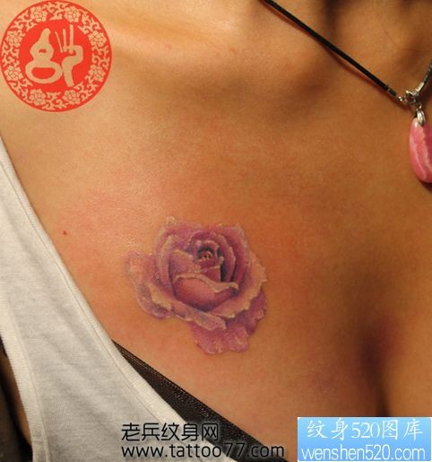 美女胸部紫玫瑰纹身图片