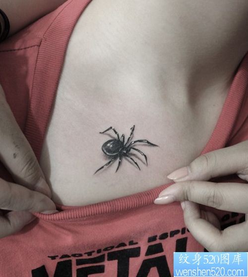 一幅女孩子胸部蜘蛛纹身图片