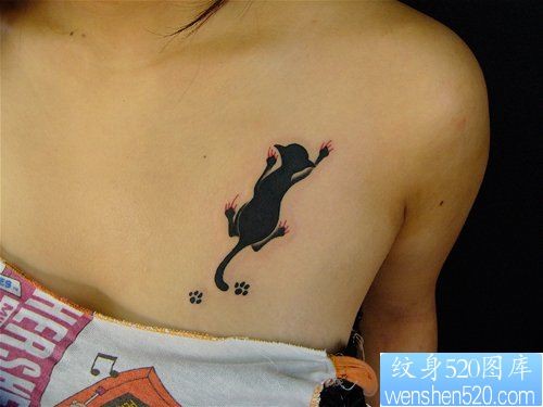 女孩子胸部一幅另类的图腾猫咪纹身图片