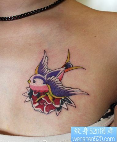 美女胸部一幅小燕子纹身图片