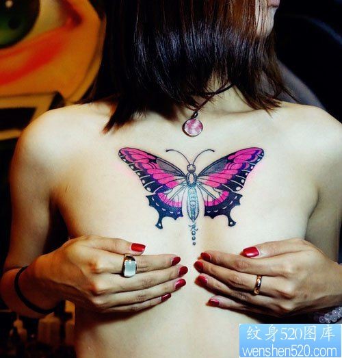 美女胸前好看的彩色蝴蝶纹身图片