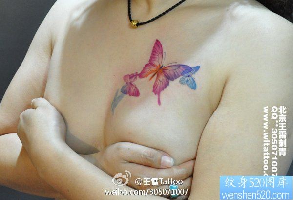 美女胸部漂亮的蝴蝶纹身图片