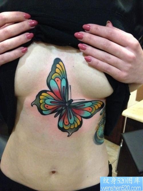 美女胸部好看的彩色蝴蝶纹身图片