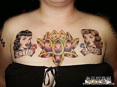 女性前胸时尚经典的一幅莲花纹身图片