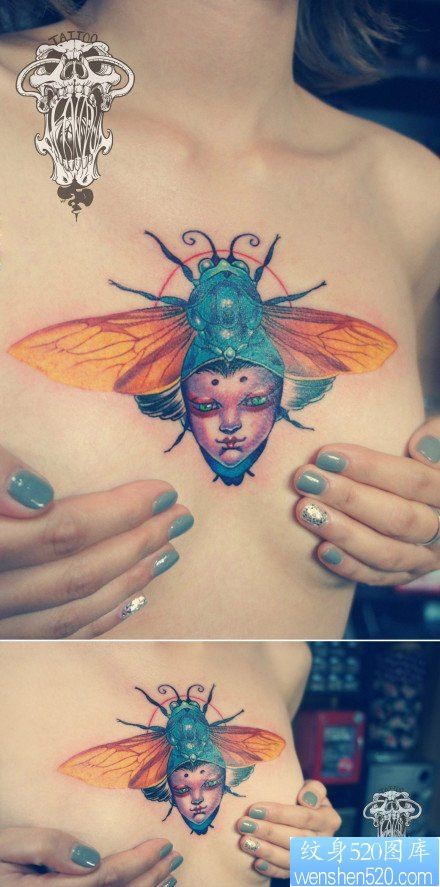 女人前胸时尚潮流的昆虫纹身图片
