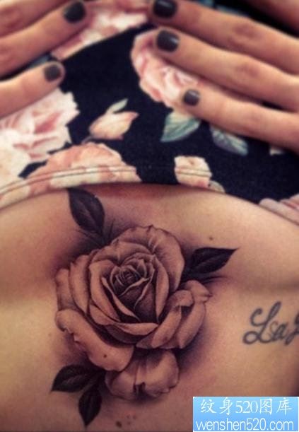 美女胸部下面一幅性感的玫瑰花纹身图片