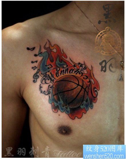 胸部一幅潮流时尚的彩色篮球纹身图片