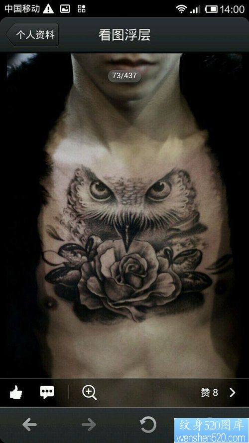 男人胸前时尚很酷的猫头鹰纹身图片