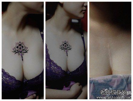 女人胸前潮流经典的图腾莲花纹身图片