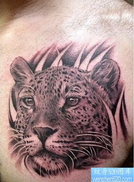 胸口上一幅霸气的花豹纹身图片
