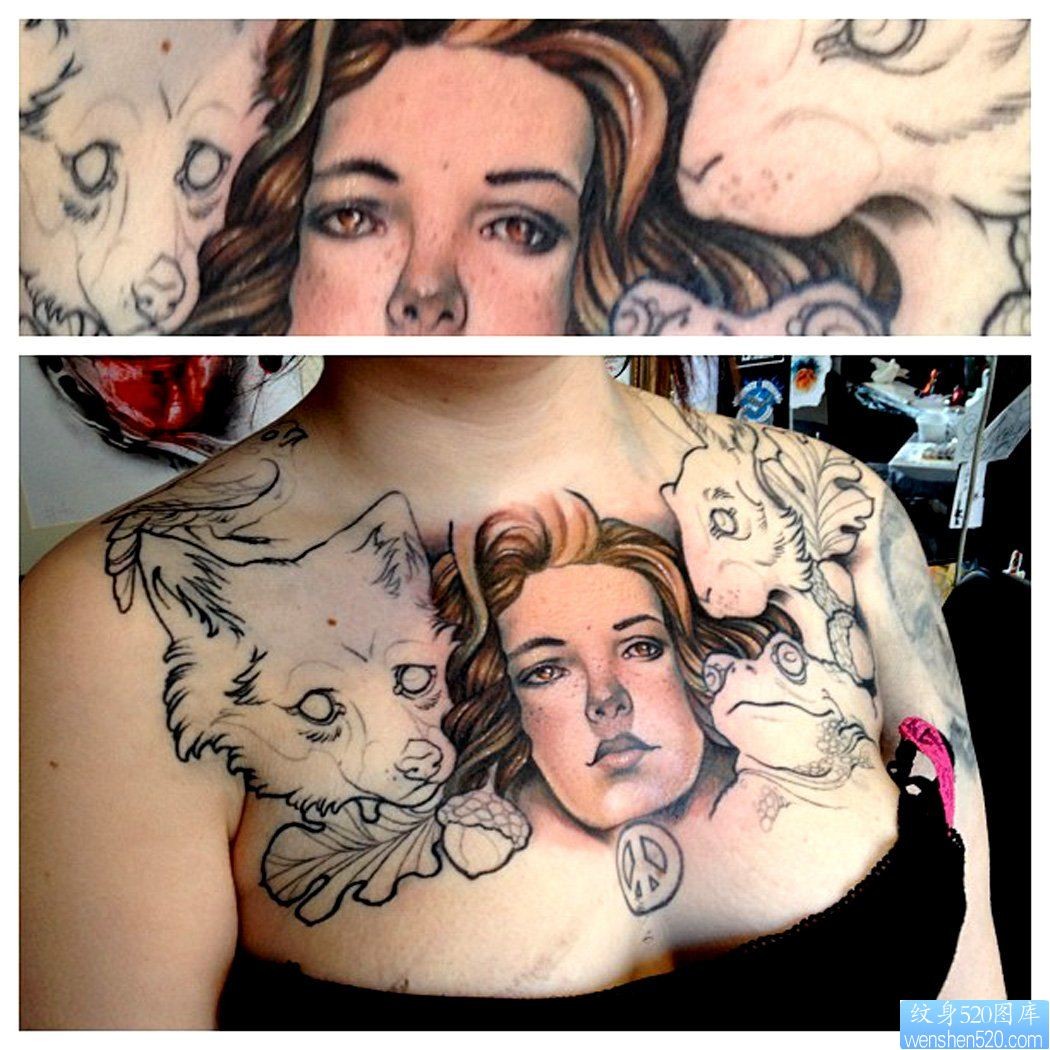 推荐一幅美女胸口女性肖像纹身图片