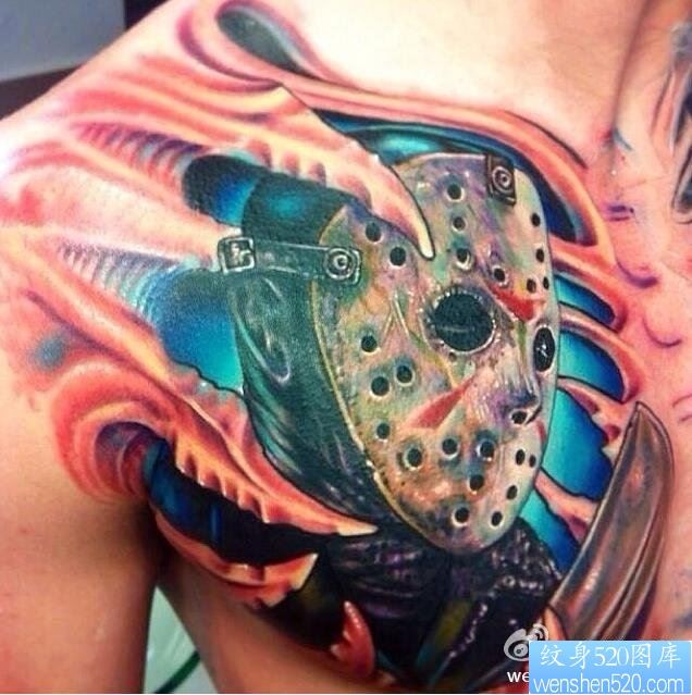 一幅胸部彩色机械纹身图片由纹身520图库推荐