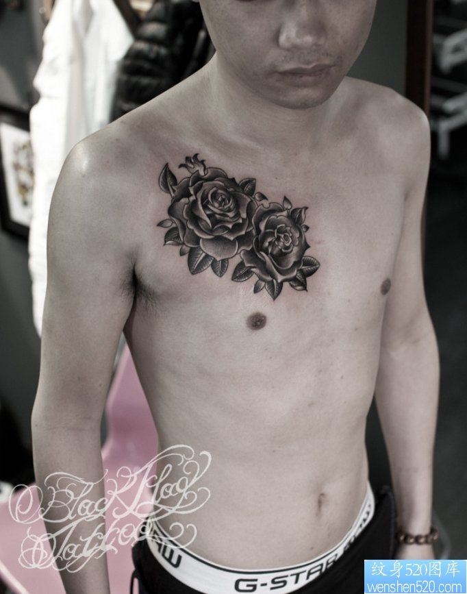 一幅前胸玫瑰花纹身图片由纹身520图库推荐