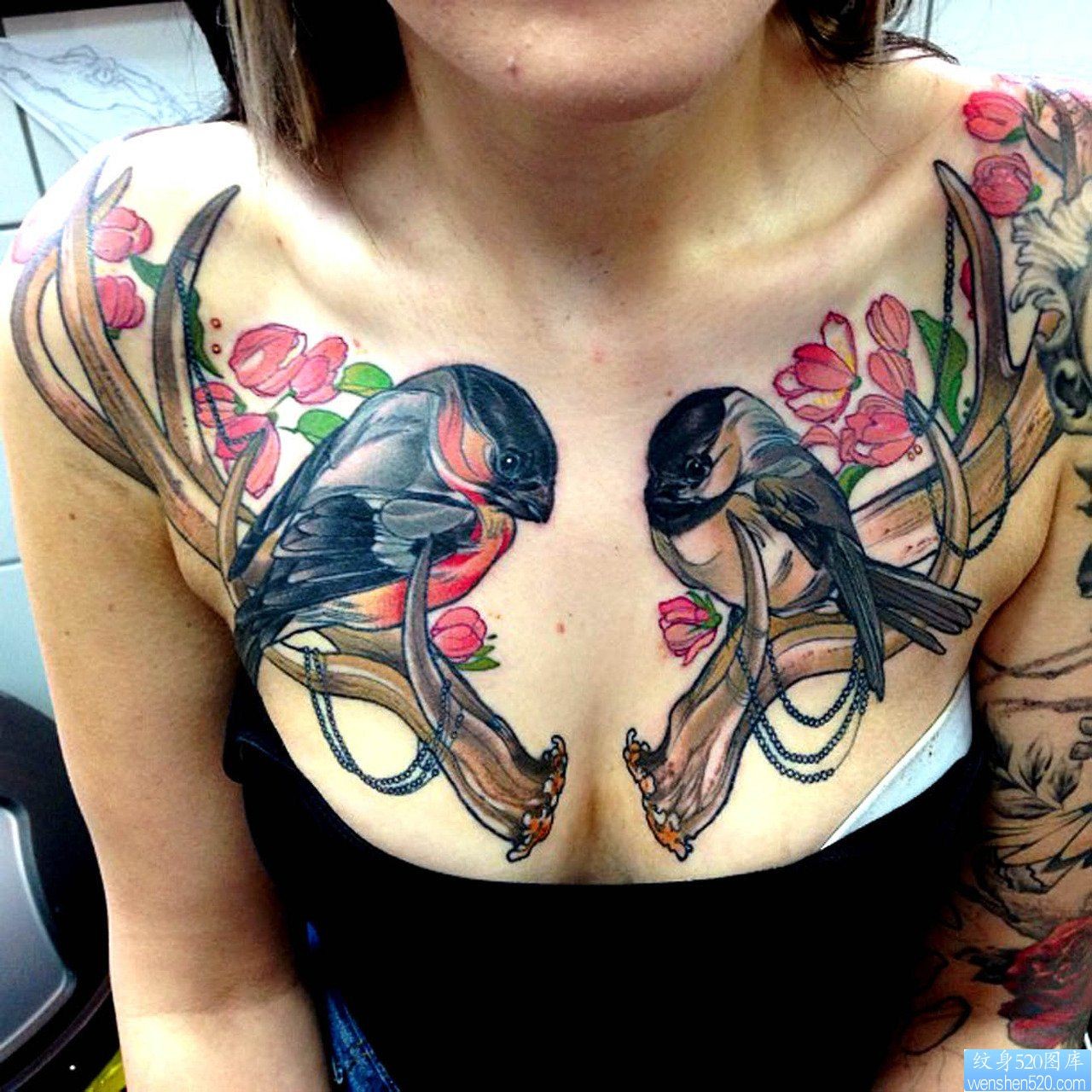一幅胸部燕子纹身图片
