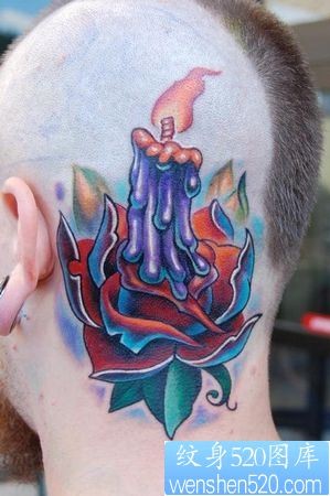 头部纹身图片：头部彩色蜡烛玫瑰纹身图片纹身作品