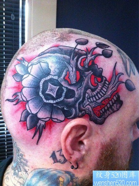 头部潮流很酷的一幅骷髅纹身图片