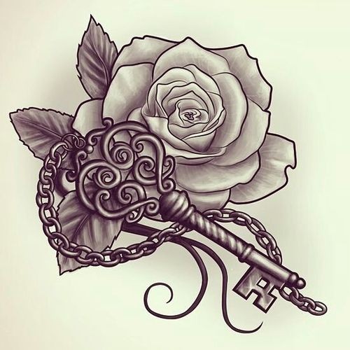 一款经典的花朵和钥匙的纹身图案