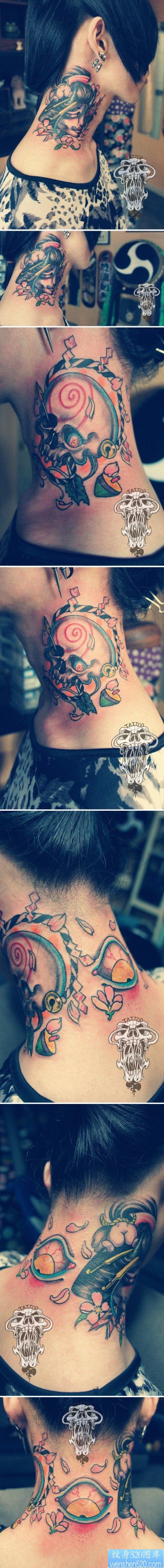 脖子处时尚经典的艺妓骷髅与眼睛纹身图片