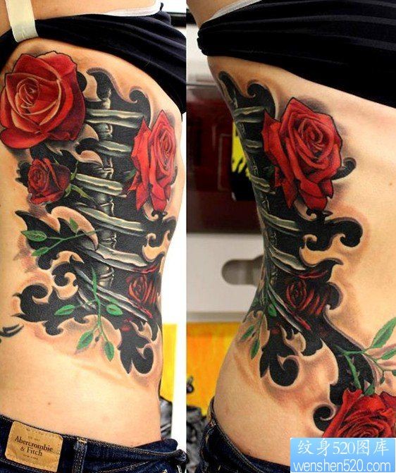 吗美女侧腰上一幅漂亮的玫瑰花机械纹身图片