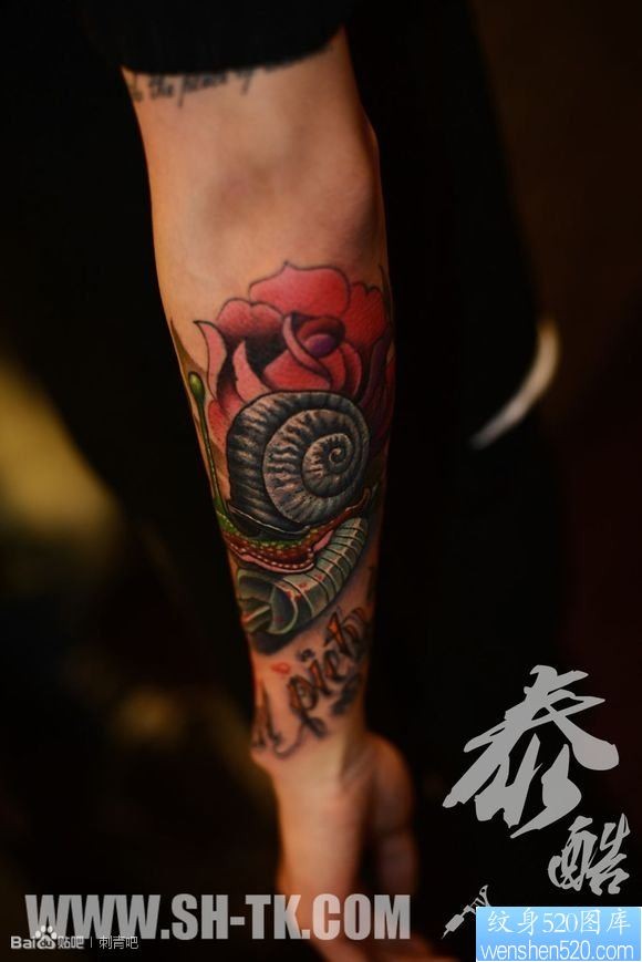 男生胳膊个性蜗牛玫瑰花纹身图片