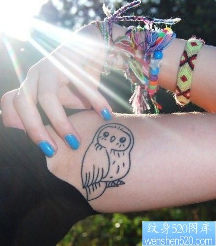 一幅女人胳膊猫头鹰纹身图片由纹身520图库推荐