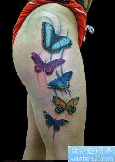 臀部纹身图片：臀部彩色蝴蝶纹身图片纹身作品