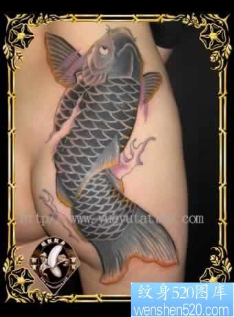 臀部的一幅黑灰鲤鱼纹身图片作品