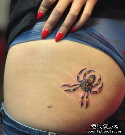 女人腿部一幅彩色蜘蛛纹身图片