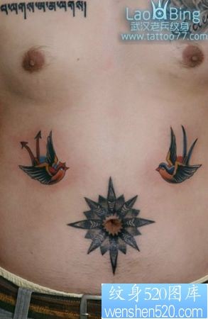 腹部纹身图片：腹部彩色小燕子纹身图片纹身作品