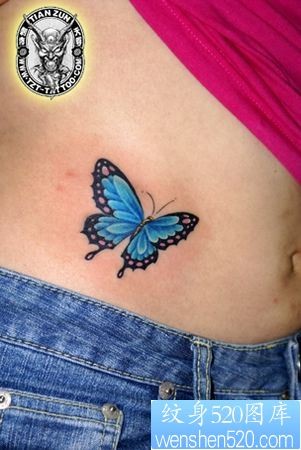 腹部纹身图片：美女腹部彩色蝴蝶纹身图片纹身作品