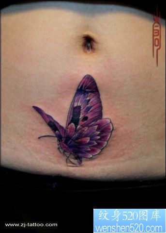 腹部纹身图片：一幅美女腹部彩色蝴蝶纹身图片纹身作品