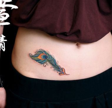 女孩子腹部孔雀羽毛纹身图片
