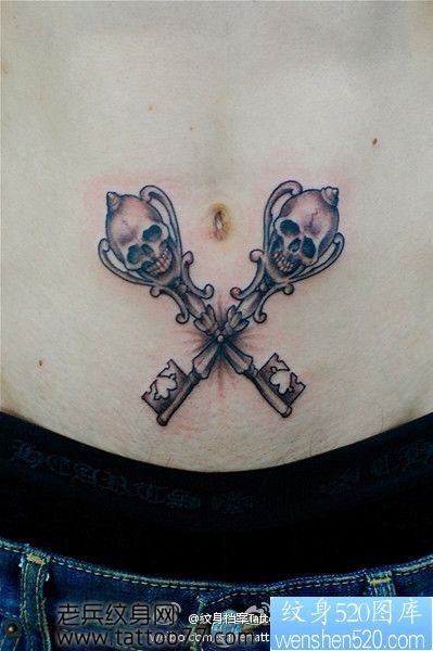 一幅腹部潮流的骷髅钥匙纹身图片